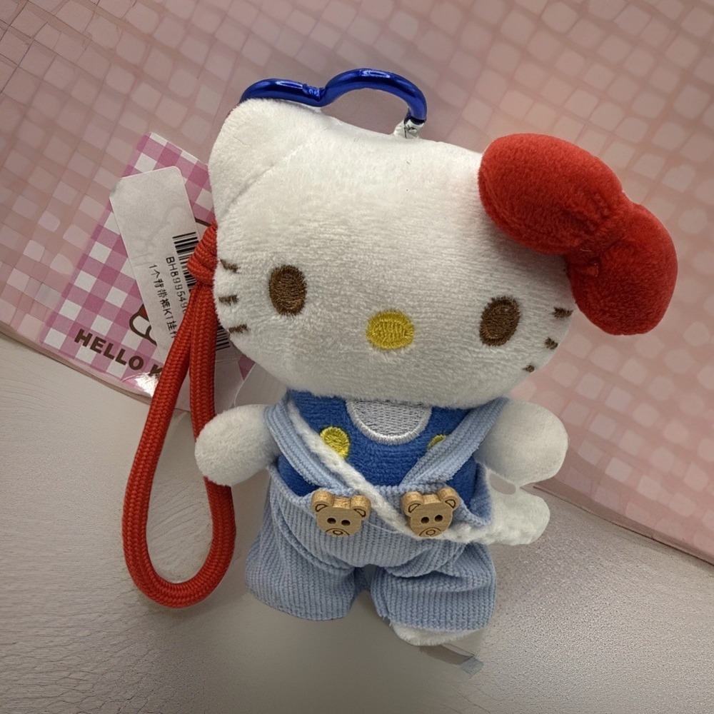 Sanrio Hello Kitty Plush Keychain 14cm  Kawaii w/‎ Added Suspenders And Bag NEW